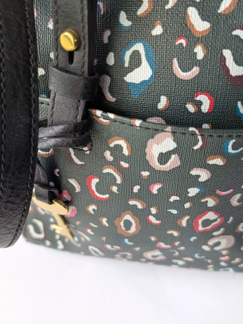 Fossil Rachel Black Green Multicolor Leopard Print Crossbody Satchel